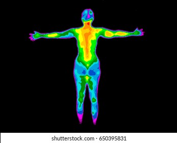 Thermographic image of the back of a whole woman body with the photo showing different temperatures in range of colors from blue showing cold to red showing hot which can indicate joint inflammation. 