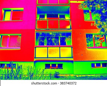 Thermography measurement scan. Closed construction on loggia in flat house with modern sendwich windows. Thermal waste map.