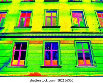 Thermography measurement  scan. Traditional construction of bricks house with old style windows. Thermal waste map. Just effect.