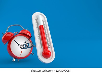Thermometer with alarm clock isolated on blue background. 3d illustration