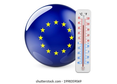 Thermometer with The EU flag. Heat in the European Union concept. 3D rendering isolated on white background - Shutterstock ID 1998359069