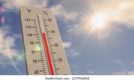 Thermometer On Blue Sky And Shining Sun. Heat Wave, Increase High Temperature And Warm Weather In Summer. 3D Illustration Concept Global Warming And Climate Change.