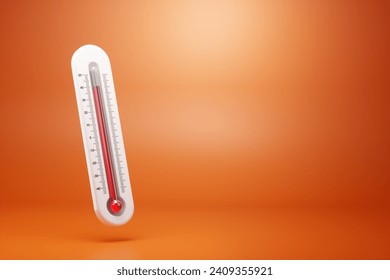 El termómetro que muestra alta temperatura está en el fondo naranja. Calor, Medición de la temperatura del aire, temperatura anormal, pronóstico del tiempo. Ilustración 3D, representación 3D