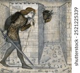 Theseus and the Minotaur in the Labyrinth (1861) drawing by Sir Edward Burne–Jones. Vintage art Theseus and the Minotaur drawing illustration, old Theseus and the Minotaur painting art print.