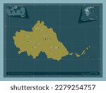 Thessaly, decentralized administration of Greece. Solid color shape. Locations and names of major cities of the region. Corner auxiliary location maps