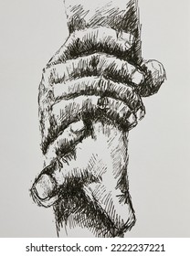 They Hold Hands. A Hand Holds A Hand. Extend A Helping Hand. The Concept Of Friendship, Partnership, Help And Hope, Donation, Assistance. Hand Drawn Sketch