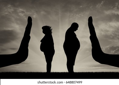 Thick couple man and woman stop gesture hands. Social problems of overweight people
