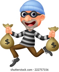 Thief carrying bag of money with a dollar sign
