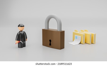 A Thief Is Trying To Steal Personal Information. A Thief With A Crowbar And A Closed Lock With A Folder And Documents. 3d Render.