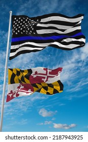 Thin Blue Line Flag Of US With Smaller Flag Of Maryland State, Usa At Cloudy Sky Background. United States Of America Police Flag. Copy Space For Vertical Banner. 3d Illustration