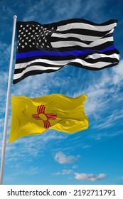 Thin Blue Line Flag Of US With Smaller Flag Of New Mexico State, Usa At Cloudy Sky Background. United States Of America Police Flag. Copy Space For Vertical Banner. 3d Illustration