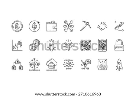 Thin line crypto and blockchain icon set featuring Bitcoin, Ethereum, crypto wallet, mining pickaxe, blockchain connection, trading chart, BTC coins, NFT badge, diamond rarity, QR payment code, securi