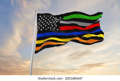 Thin Line First Responder flag waving at cloudy sky background on sunset, panoramic view. copy space for wide banner. 3d illustration.