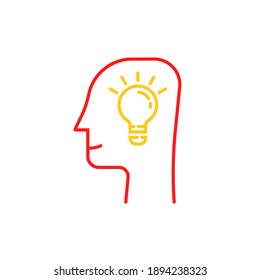 thin line light bulb in human head. concept of brainstorm or thinking emblem and unique idea. linear flat stroke mental prompt like lightbulb logotype art graphic lineart design isolated on white