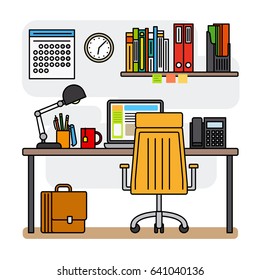 Thin line office workspace or line designer workspace with desktop computer. illustration