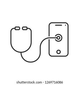 thin line stethoscope testing phone. concept of advice, refit, check, first aid, expert, test, treatment, helpline, medicine. flat style modern logotype design illustration on white background
