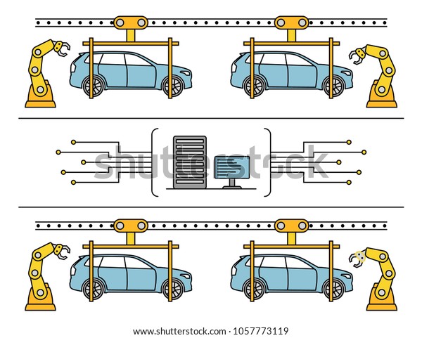 Thin line style car assembly line. Automatic\
auto production conveyor. Robotic car machinery industry concept.\
Raster version.