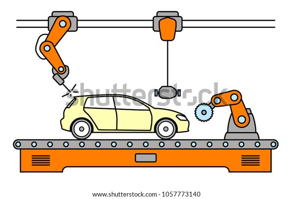 Thin line style car assembly line. Automatic
auto production conveyor. Robotic car machinery industry concept.
Raster version.