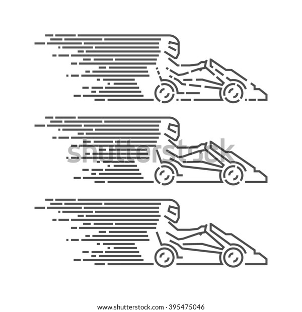 Thin linear go kart logo and icon. Line\
figures kart racer. Karting label and\
badge.