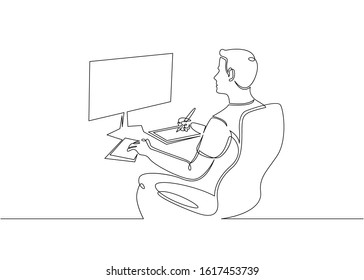 Thin one continuous line illustration drawing designer looks working monitor.Graphic design and printing concept, web design. - Powered by Shutterstock