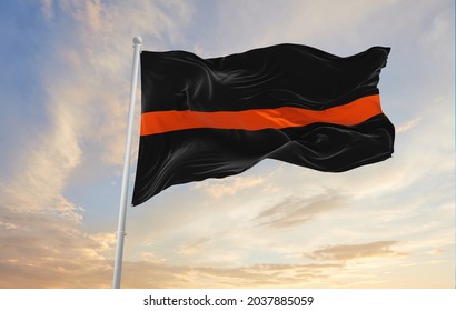 Thin Orange Line Flag Waving At Sky Background On Sunset, Panoramic View. Copy Space For Wide Banner. SAR First Responders, Volunteer, Private SAR Personnel, EMS Personnel Flag. 3d Illustration.