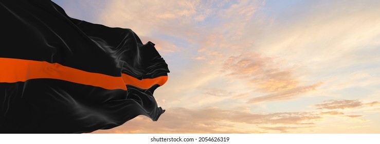 Thin Orange Line Flag Waving At Sky Background On Sunset, Panoramic View. Copy Space For Wide Banner. SAR First Responders, Volunteer, Private SAR Personnel, EMS Personnel Flag. 3d Illustration,,,