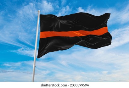 Thin Orange Line Flag Waving At Sky Background On Sunset, Panoramic View. Copy Space For Wide Banner. SAR First Responders, Volunteer, Private SAR Personnel, EMS Personnel Flag. 3d Illustration