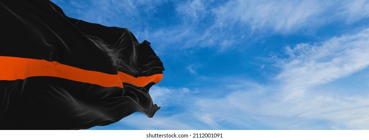 Thin Orange Line Flag Waving At Sky Background On Sunset, Panoramic View. Copy Space For Wide Banner. SAR First Responders, Volunteer, Private SAR Personnel, EMS Personnel Flag. 3d Illustration