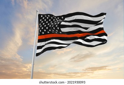 Thin Orange Line USA Flag Waving At Sky Background On Sunset, Panoramic View. Copy Space For Wide Banner. SAR First Responders, Volunteer, Private SAR Personnel, EMS Personnel Flag. 3d Illustration.