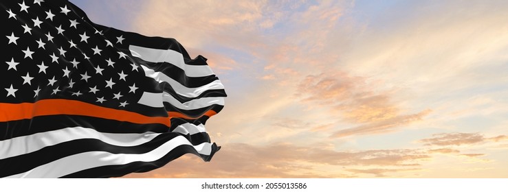 Thin Orange Line USA Flag Waving At Sky Background On Sunset, Panoramic View. Copy Space For Wide Banner. SAR First Responders, Volunteer, Private SAR Personnel, EMS Personnel Flag. 3d Illustration,,,