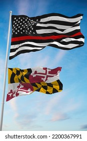 Thin Red Line Black Flag Of US With Smaller Flag Of Maryland State, Usa At Cloudy Sky Background. United States Of America Firefighter Flag. Copy Space For Vertical Banner. 3d Illustration