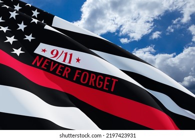 Thin Red Line Firefighter Flag On Blue Sky Background. USA Flag. Remembering, Memories On Fallen Firefighters Officers On September 11, 2001. Patriot Day. Firefighter Members Honor.