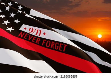 Thin Red Line Firefighter Flag On Susnet Sky Background. USA Flag. Remembering, Memories On Fallen Firefighters Officers On September 11, 2001. Patriot Day. Firefighter Members Honor.