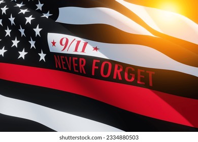 Thin red line firefighter flag with light spot. USA flag. Remembering, memories on fallen firefighters officers on september 11, 2001. Patriot day. Firefighter members honor. 3d image.
