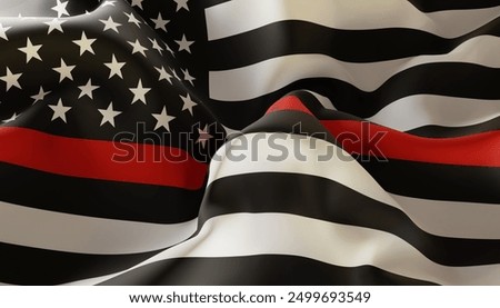 Thin Red Line. Firefighter Flag. Remembering, memories on fallen fire fighters officers on duty. 3d-rendering