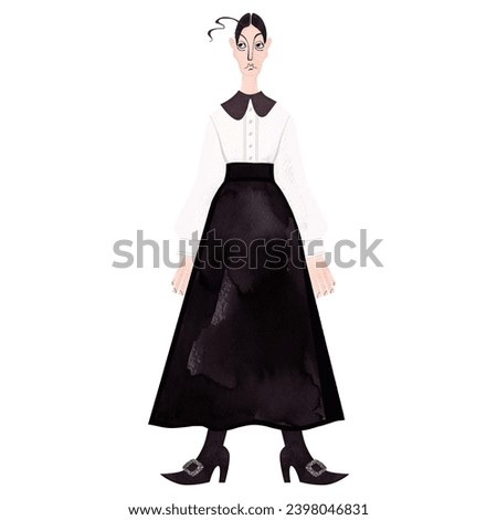 A thin, stern and angry, middle-aged Victorian woman with black hair wearing a white blouse with a black collar and a black skirt and pointed shoes with silver buckles. Watercolor