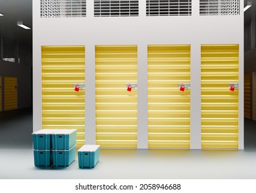 Things Storage In The Self-storage Units. Containers Near The Doors Of Personal Storage Rooms. Boxes Near Rented Storage Rooms. Renting Out Self-storage Facilities. Warehouse Business. 3d Image