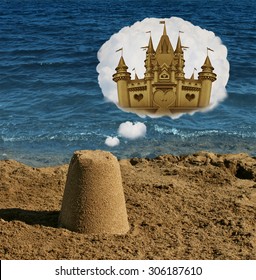Think big concept and positive visualization symbol as an ordinary basic sand shape dreaming and imagining greatness as a majestic castle as a metaphor to imagine future potential and success.