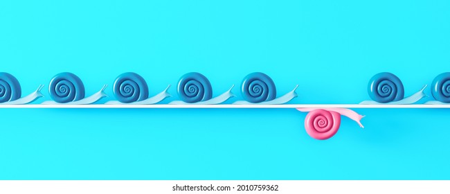 Think differently and be different concept. Pink snail goes the other way, 3d render 3d illustration