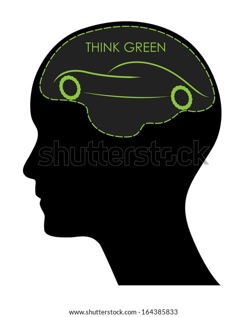 Think green concept clipart.\
Isolated easy to edit illustration with human head, brain and car.\
