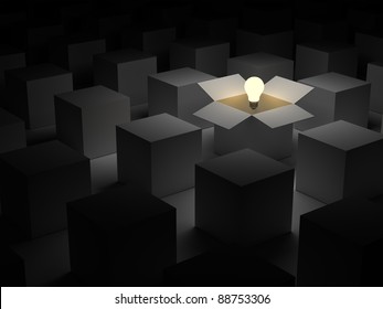 Think out of the box or thinking outside the box and Individuality concept, one glowing light bulb float over opened cardboard box