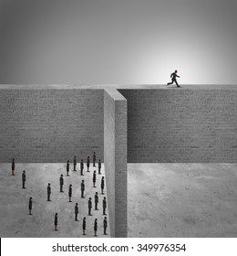 Think Outside The Box Business Success Concept As A Group Of People Trapped By High Brick Walls And A Clever Businessman Leading The Pack By Finding A New Way To Success By Running On The Ledge.