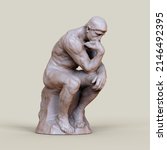 Thinker man 3D illustration. The Thinker Statue by the French Sculptor Rodin.