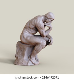 Thinker man 3D illustration. The Thinker Statue by the French Sculptor Rodin.