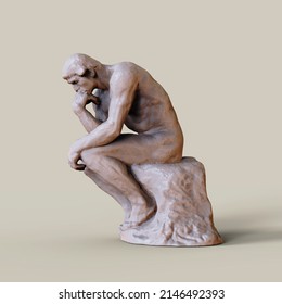 Thinker Man 3D Illustration. The Thinker Statue By The French Sculptor Rodin.