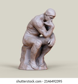 Thinker Man 3D Illustration. The Thinker Statue By The French Sculptor Rodin.