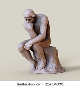 Thinker Man 3D Illustration. The Thinker Statue By The French Sculptor Rodin.