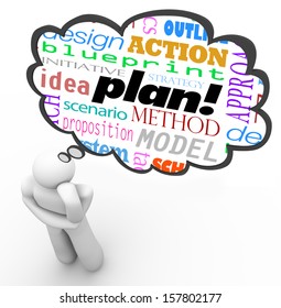 A thinker thinks about a plan with a thought cloud containing words like idea, blueprint, initiative, strategy and more