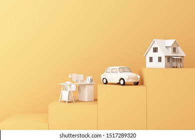 Thinking about a house, car and work with copy space on the yellow and white isolated color with podium product stand, the concept goal of life, insurance business and finance wealth. 3d rendering