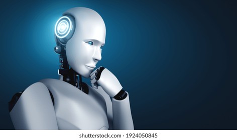 Thinking AI Humanoid Robot Analyzing Information Data In Concept Of Artificial Intelligence By Machine Learning Process For 4th Fourth Industrial Revolution . 3D Illustration.